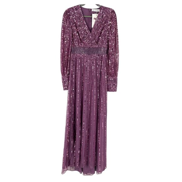 NWT Mac Duggal Purple Sequined Wrap Over Bishop Sleeve Gown, 5720 - Picture 3 of 12